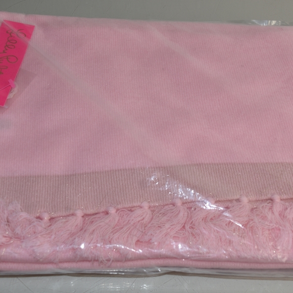 Lilly Pulitzer Take Me Away Cashmere Wrap Tassels Lurex Pink Gold Women's Scarf - Picture 4 of 11